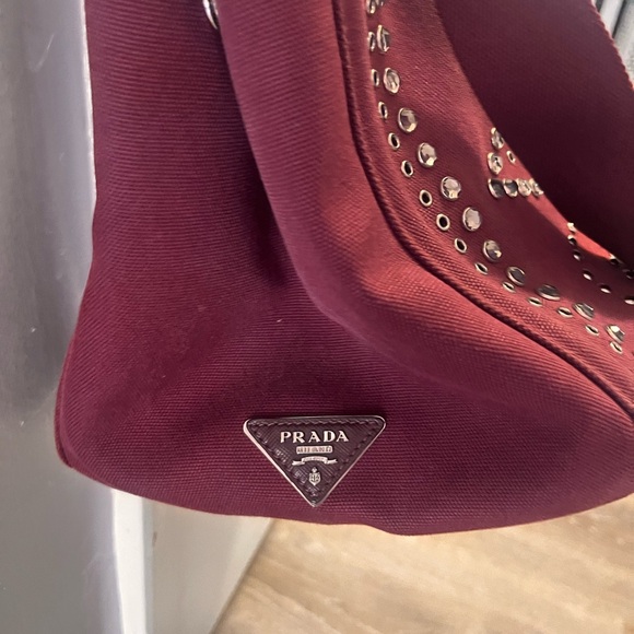PRADA burgundy tote denim material. Strap for crossbody. Silver studs. - Picture 5 of 12
